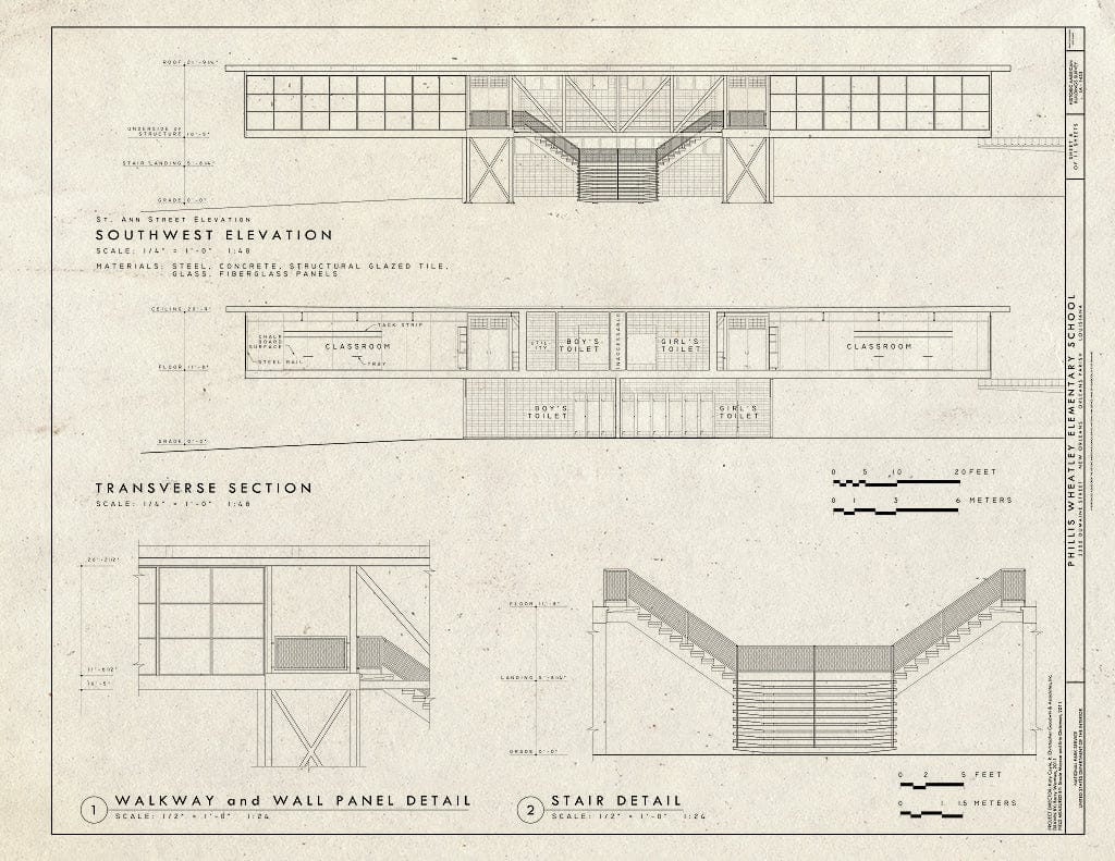 Blueprint Southwest Elevation, Section, Walkway and Wall Panel Detail and Stair Detail - Phillis Wheatley Elementary School, 2300 Dumaine Street, New Orleans, Orleans Parish, LA