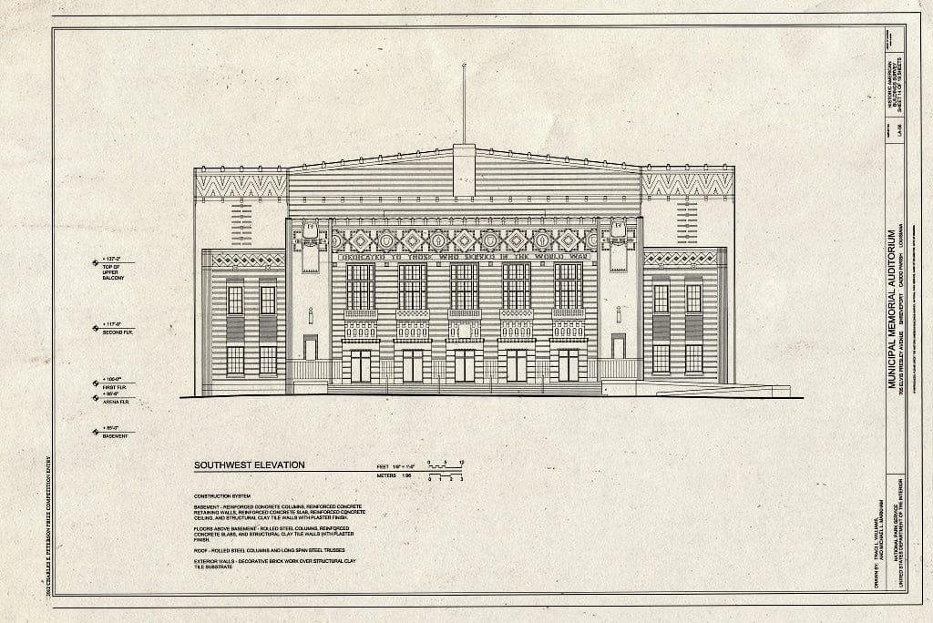 Blueprint Southwest Elevation - Municipal Memorial Auditorium, 705 Elvis Presley Avenue, Shreveport, Caddo Parish, LA