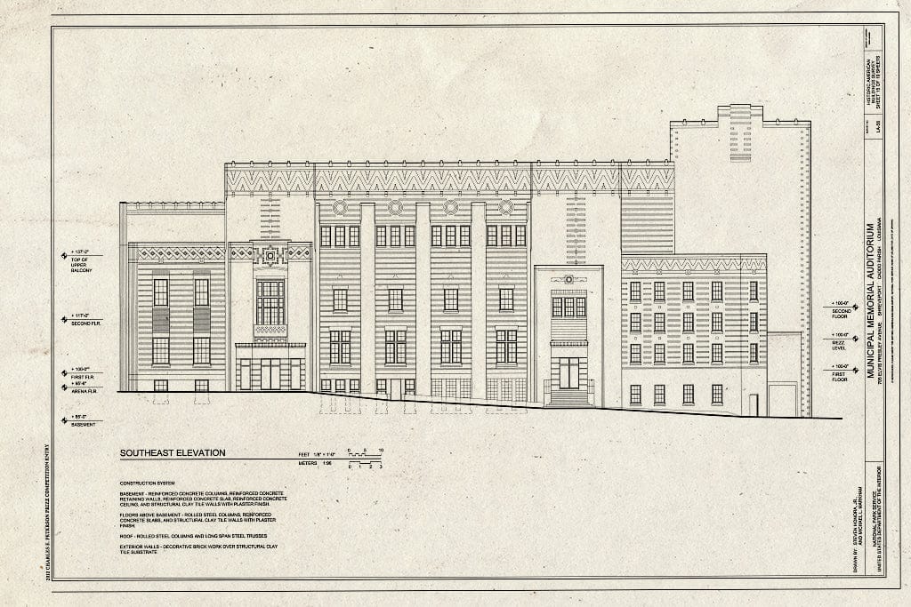 Blueprint Southeast Elevation - Municipal Memorial Auditorium, 705 Elvis Presley Avenue, Shreveport, Caddo Parish, LA
