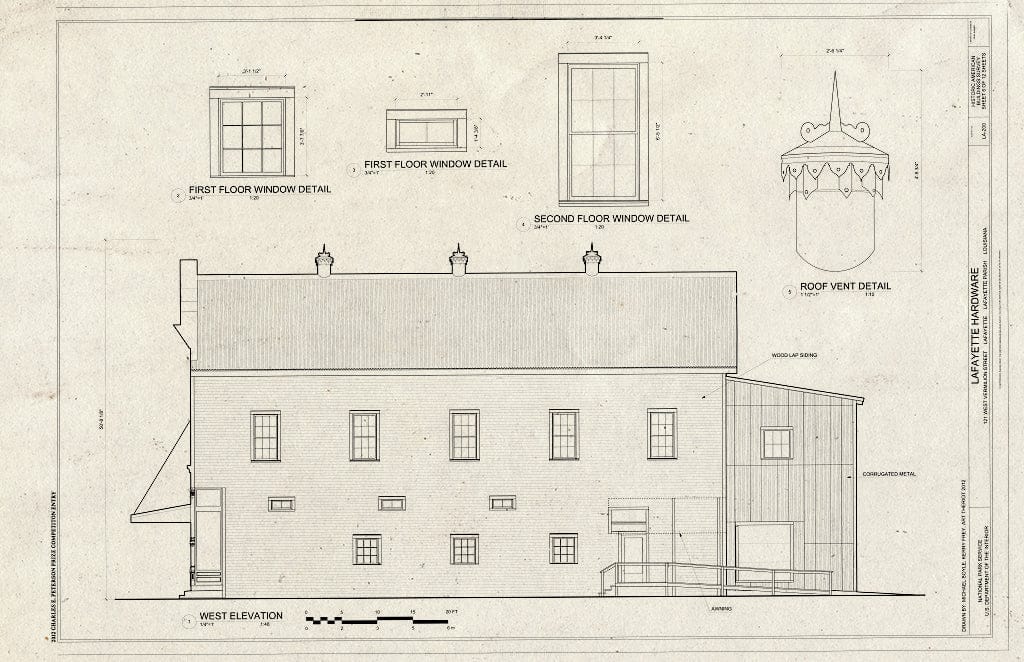 Blueprint West Elevation, Window Details - Lafayette Hardware, 121 West Vermilion Street, Lafayette, Lafayette Parish, LA