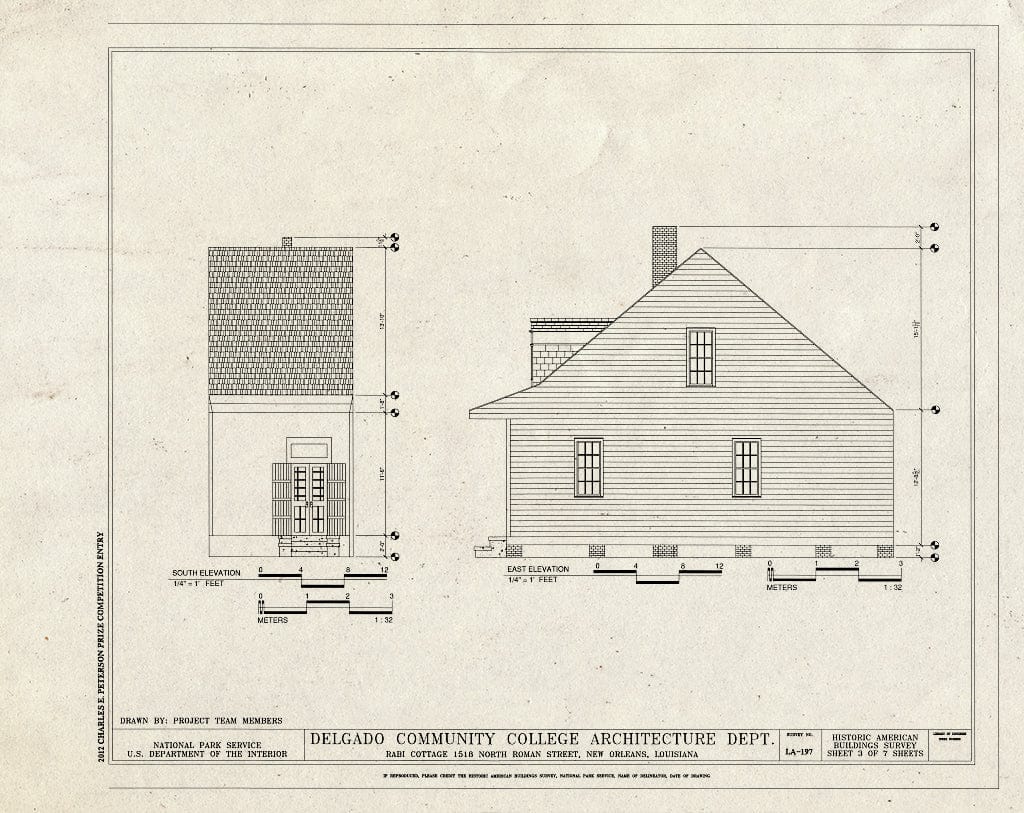Blueprint South & East Elevations - Rabi Cottage, 1518 North Roman Street, New Orleans, Orleans Parish, LA