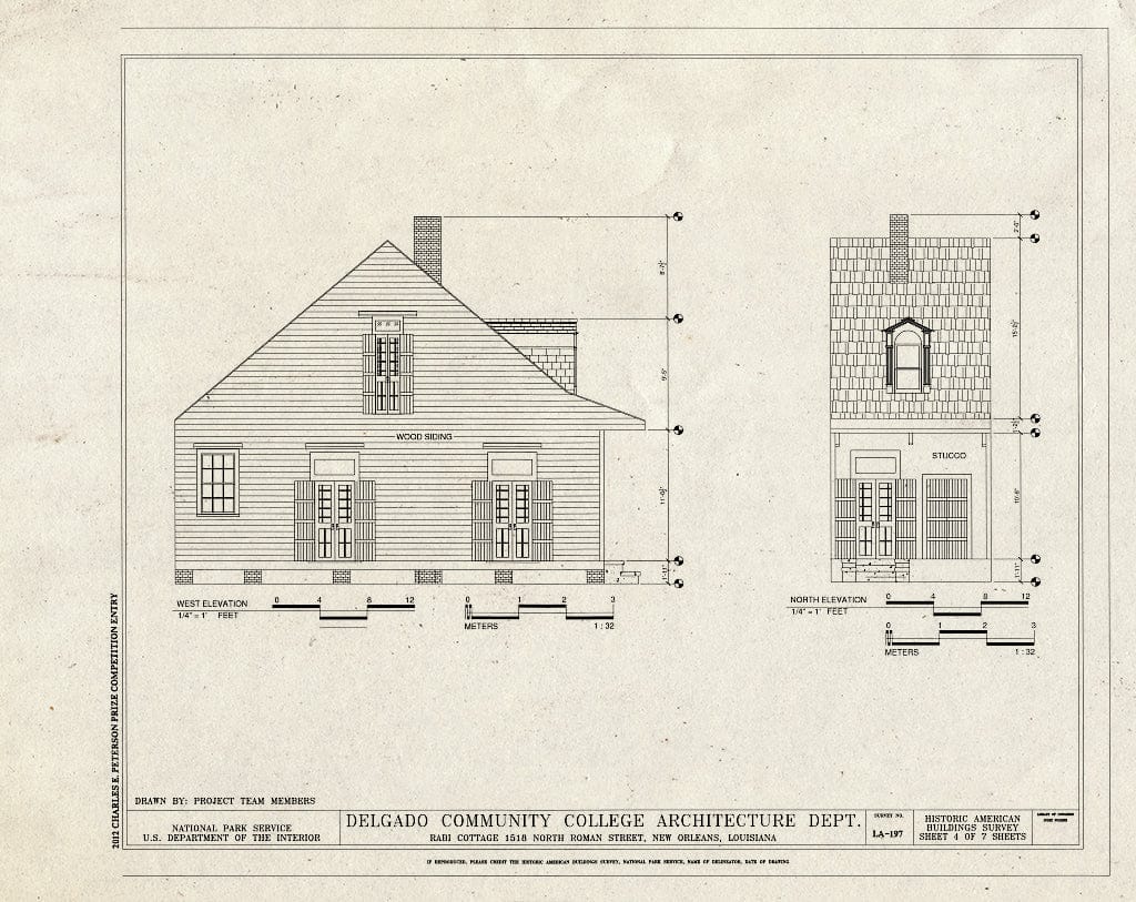 Blueprint West & North Elevations - Rabi Cottage, 1518 North Roman Street, New Orleans, Orleans Parish, LA
