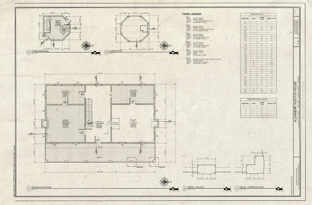 Blueprint Second Floor Plan, Third Floor Plan, and Cupola Plan - Alexandre Mouton House, 1122 Lafayette Street, Lafayette, Lafayette Parish, LA
