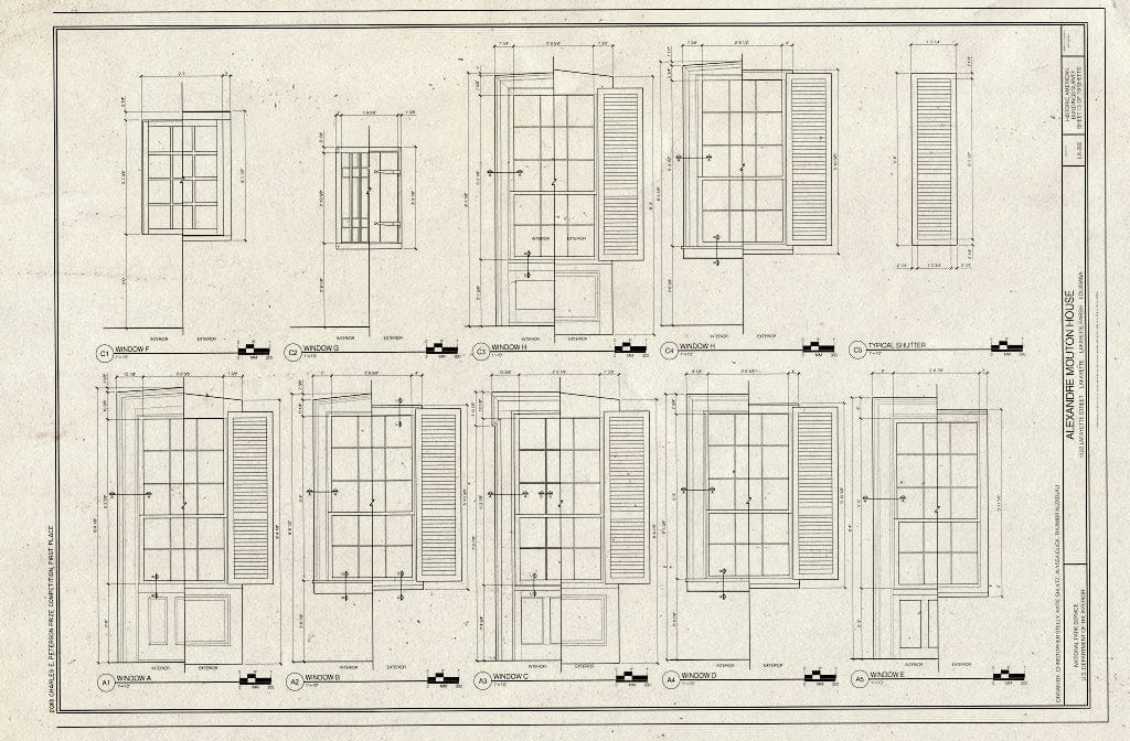 Blueprint Window Elevations - Alexandre Mouton House, 1122 Lafayette Street, Lafayette, Lafayette Parish, LA