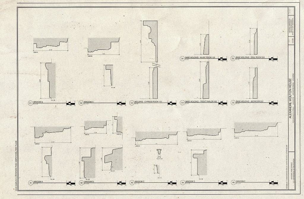 Blueprint Window Details and Base Molding Details - Alexandre Mouton House, 1122 Lafayette Street, Lafayette, Lafayette Parish, LA
