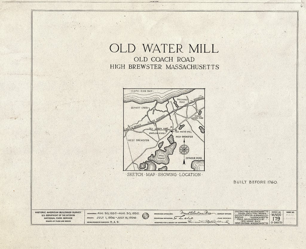Blueprint HABS Mass,1-Brew,1- (Sheet 0 of 3) - Stony Brook Mill, Old Coach Road, Brewster, Barnstable County, MA