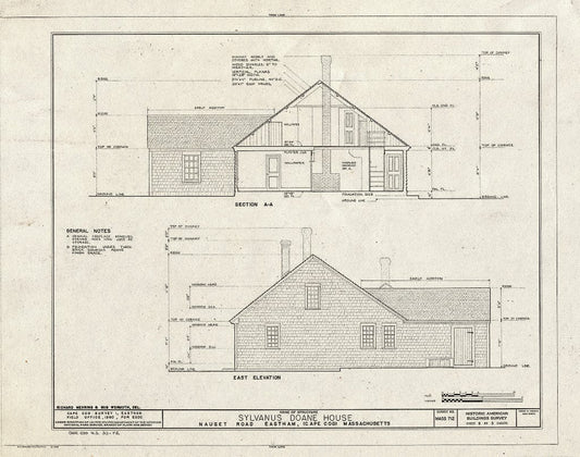 Blueprint 5. East Elevation and Section A-A - Sylvanus Doane House, Nauset Road, Eastham, Barnstable County, MA