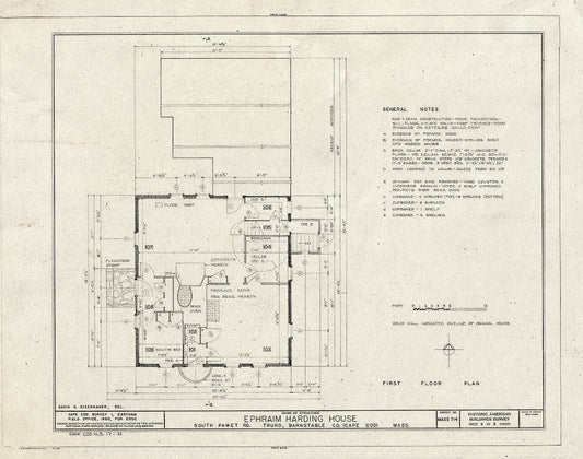 Blueprint 2. First Floor Plan - Ephraim Harding House, South Pamet Road, Truro, Barnstable County, MA