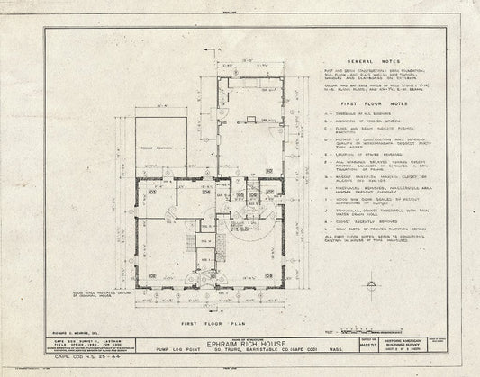 Blueprint 2. First Floor Plan - Ephraim Rich House, Pump Log Point, Truro, Barnstable County, MA