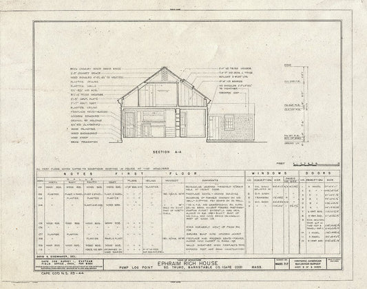 Blueprint 3. Section A-A - Ephraim Rich House, Pump Log Point, Truro, Barnstable County, MA
