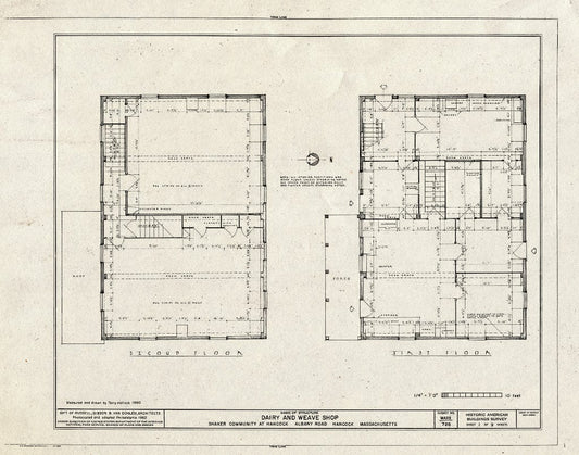 Blueprint 1. First and Second Floor Plans - Shaker Church Family Dairy & Weave Shop, U.S. Route 20, Hancock, Berkshire County, MA