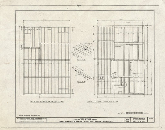 Blueprint 4. First and Second Floor framing Plans - Shaker Church Family Dairy & Weave Shop, U.S. Route 20, Hancock, Berkshire County, MA