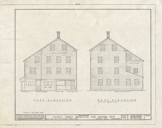 Blueprint 6. East and west elevations - Shaker Church Family Washhouse & Machine Shop, U.S. Route 20, Hancock, Berkshire County, MA