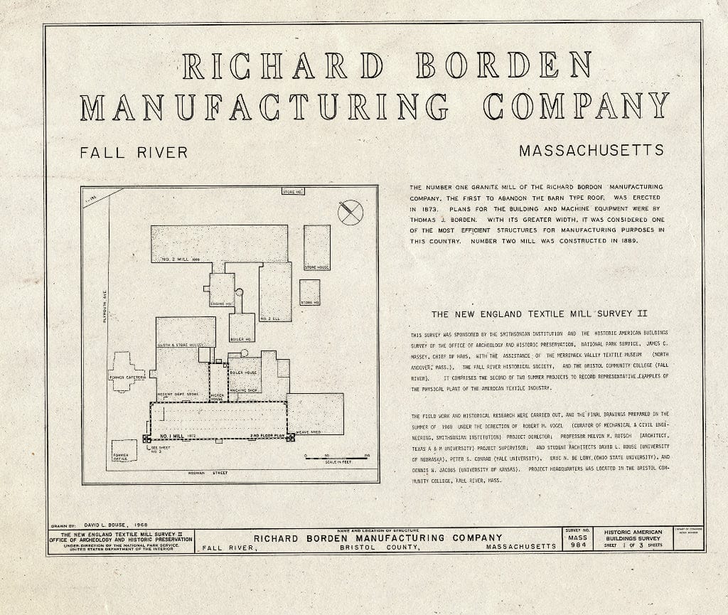 Blueprint HABS Mass,3-Fall,6- (Sheet 1 of 3) - Richard Borden Manufacturing Company, No. 1 Mill, Rodman Street & Plymouth Avenue, Fall River, Bristol County, MA