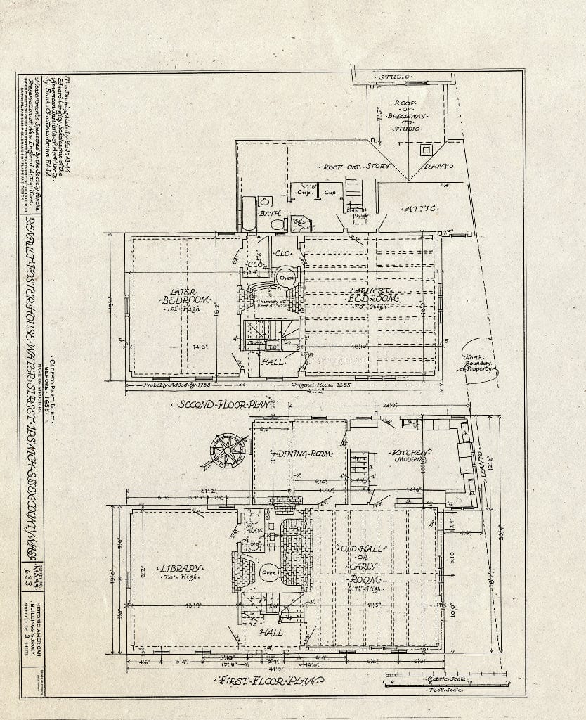 Blueprint HABS Mass,5-IPSWI,21- (Sheet 1 of 3) - Renault-Foster House, Water Street, Ipswich, Essex County, MA
