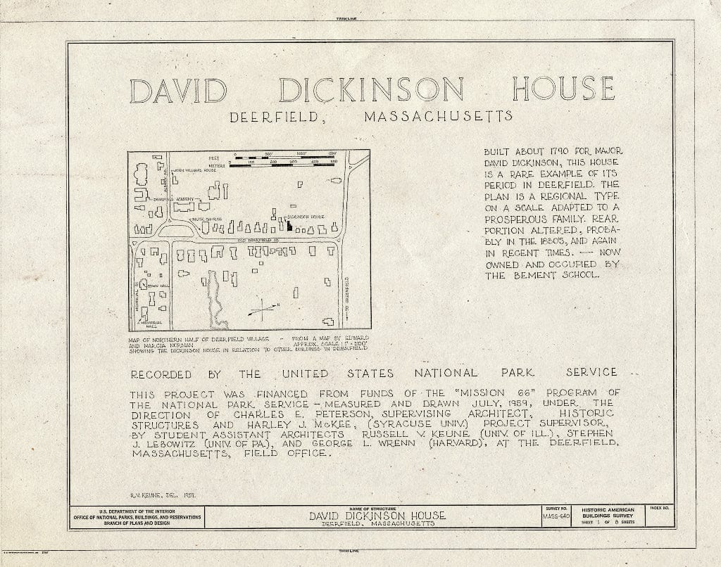Blueprint HABS Mass,6-Deer,21- (Sheet 1 of 8) - David Dickinson House, Old Deerfield Street, Deerfield, Franklin County, MA