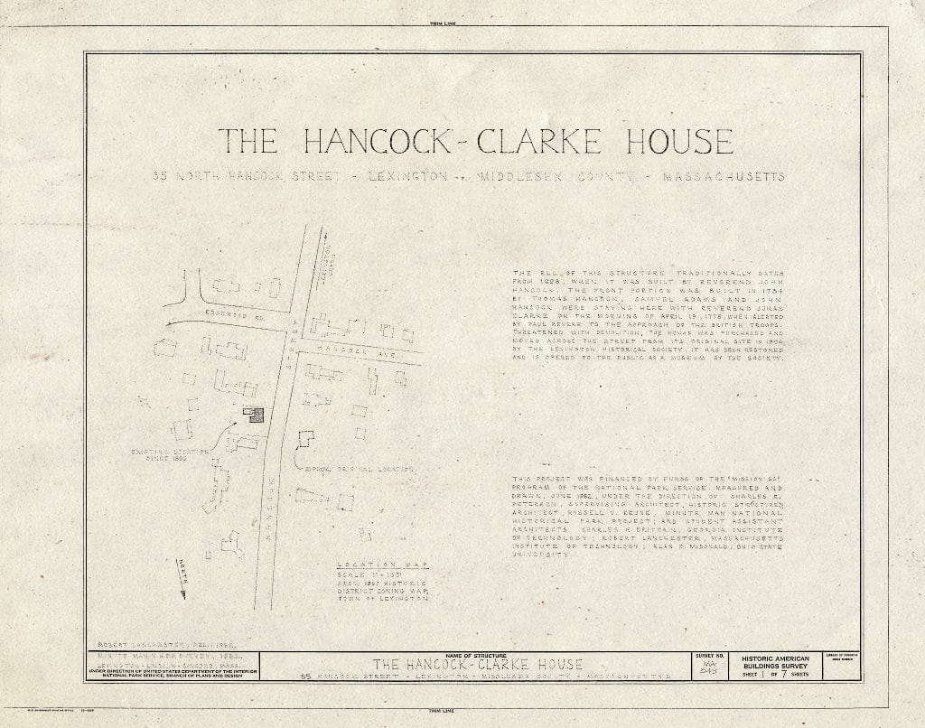 Blueprint HABS Mass,9-LEX,2- (Sheet 1 of 7) - Hancock-Clarke House, 35 Hancock Street, Lexington, Middlesex County, MA