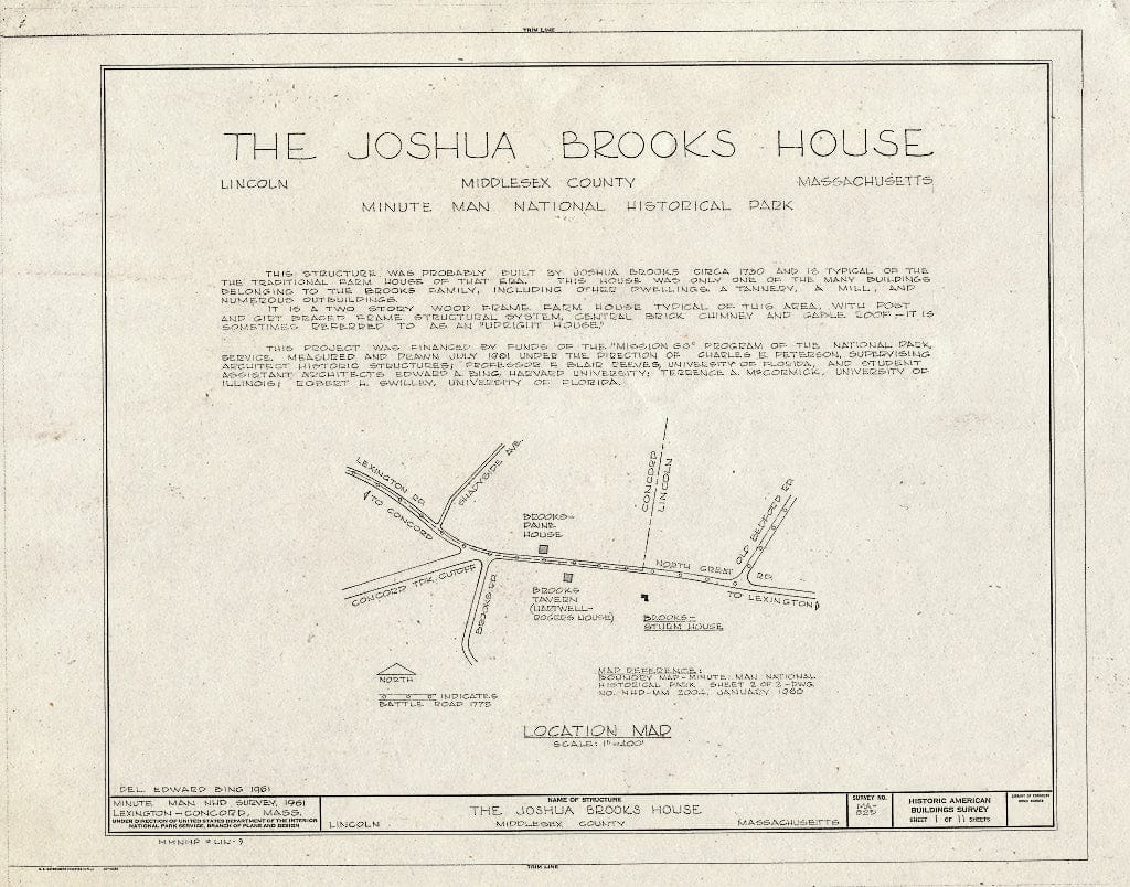 Blueprint HABS Mass,9-LIN,4- (Sheet 1 of 11) - Joshua Brooks House, North Great Road (State Route 2A), Lincoln, Middlesex County, MA