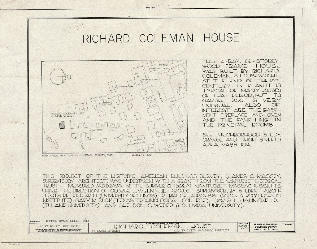 Blueprint HABS Mass,10-NANT,76G- (Sheet 1 of 9) - Richard Coleman House, 21 Union Street, Nantucket, Nantucket County, MA