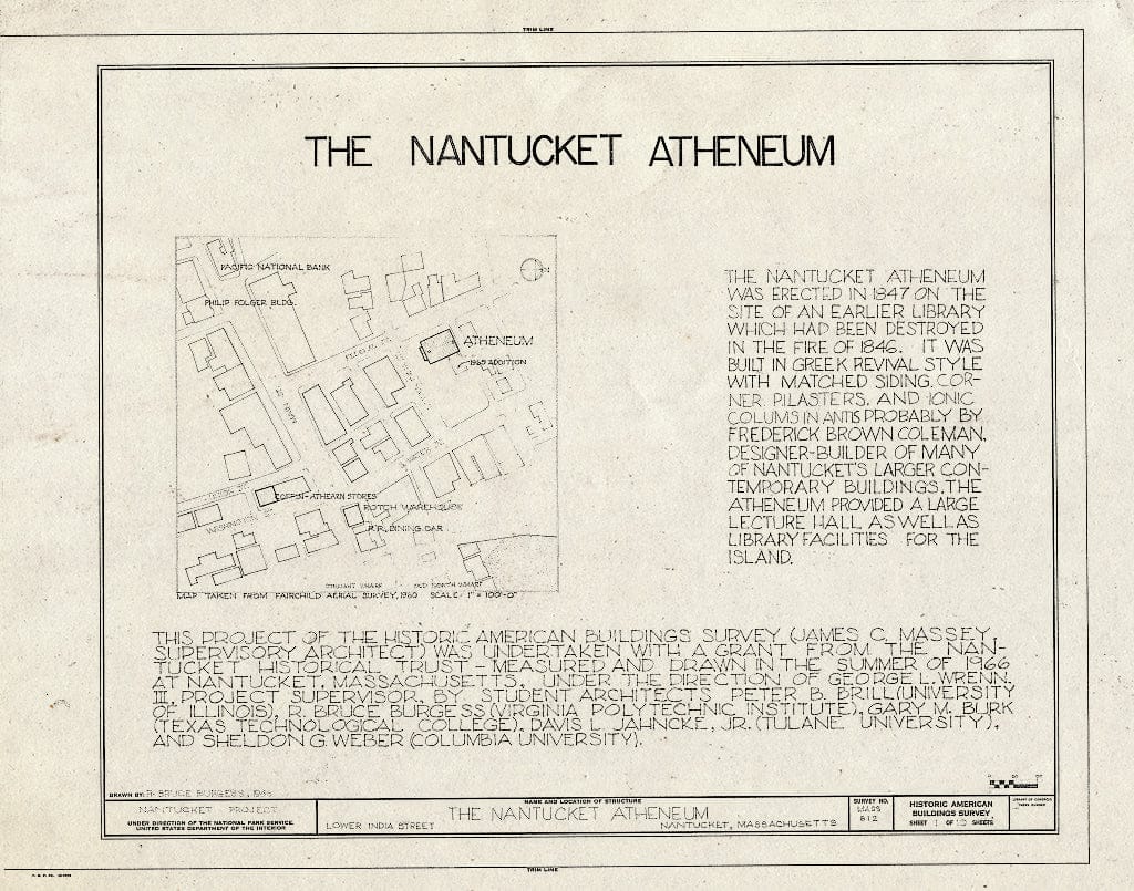 Blueprint HABS Mass,10-NANT,14- (Sheet 1 of 10) - Nantucket Atheneum, Lower India & Federal Streets, Nantucket, Nantucket County, MA