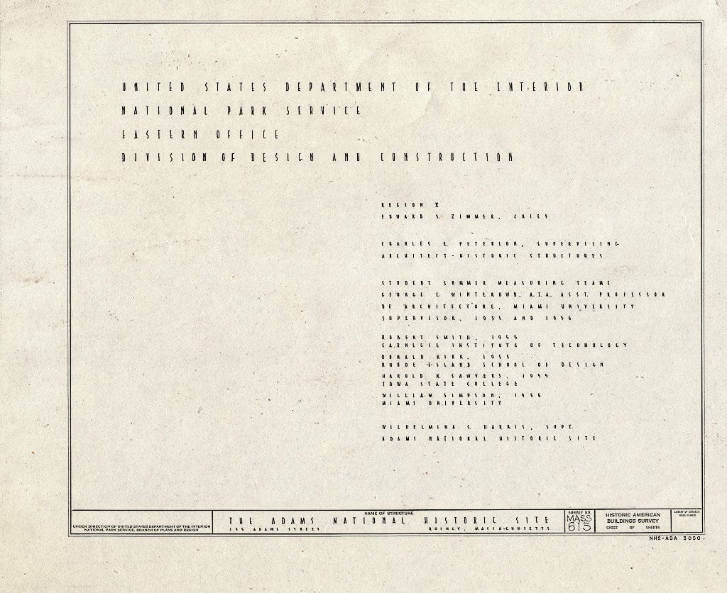 Blueprint HABS Mass,11-QUI,5- (Sheet 0 of 26) - Adams Mansion, 135 Adams Street, Quincy, Norfolk County, MA