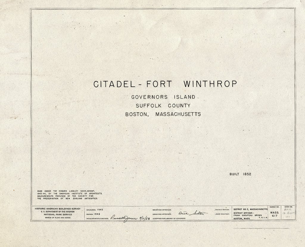 Blueprint HABS Mass,13-BOST,62- (Sheet 0 of 13) - Fort Winthrop, Citadel, Governor's Island, Boston, Suffolk County, MA