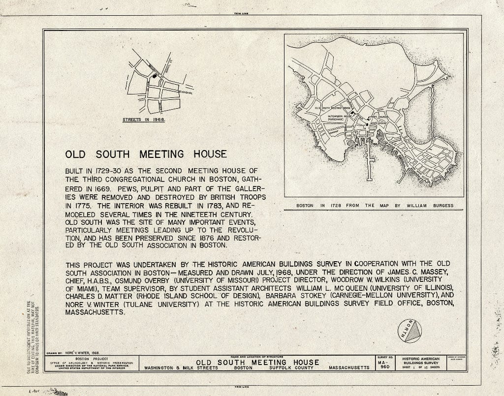 Blueprint HABS Mass,13-BOST,54- (Sheet 1 of 15) - Old South Meetinghouse, Washington & Milk Streets, Boston, Suffolk County, MA