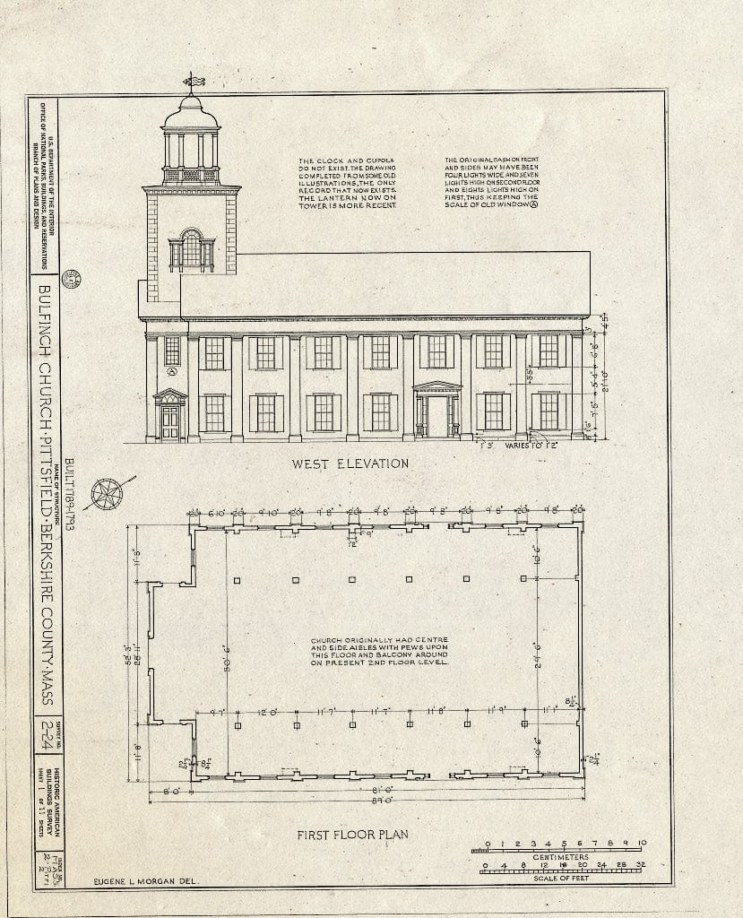 Blueprint HABS Mass,2-PITFI,2- (Sheet 1 of 11) - Bulfinch Church, North Street & Maplewood Avenue (Moved from Park Row), Pittsfield, Berkshire County, MA