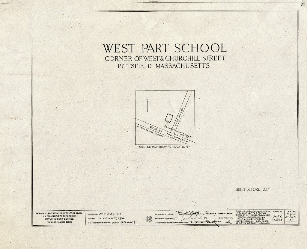 Blueprint HABS Mass,2-PITFI,5- (Sheet 0 of 1) - West Part School, West & Churchill Streets, Pittsfield, Berkshire County, MA
