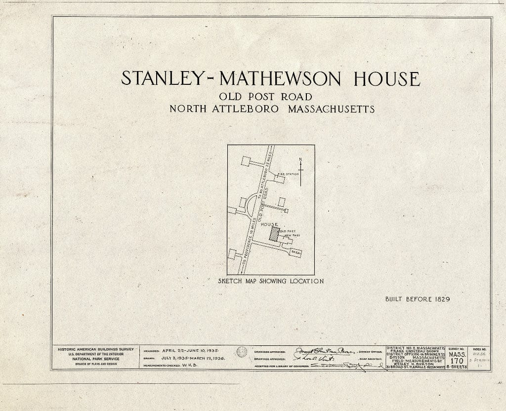 Blueprint HABS Mass,3-ATBON.V,1- (Sheet 0 of 8) - Stanley-Mathewson House, Old Post Road, North Attleboro, Bristol County, MA