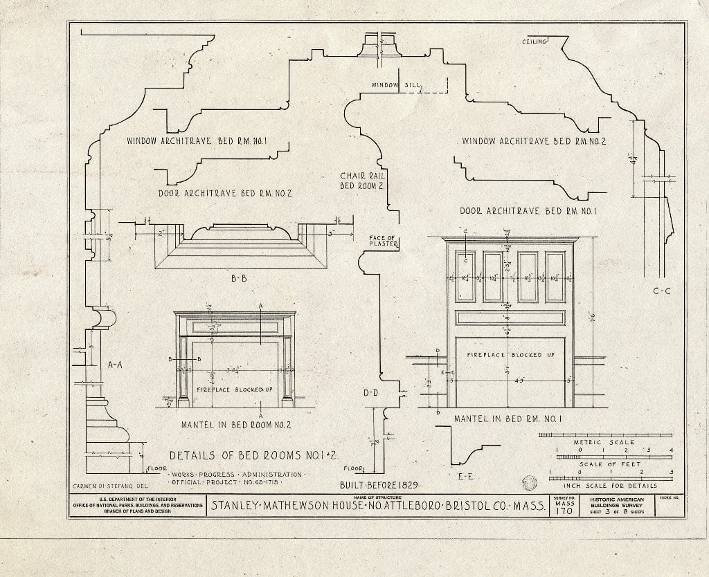 Blueprint HABS Mass,3-ATBON.V,1- (Sheet 3 of 8) - Stanley-Mathewson House, Old Post Road, North Attleboro, Bristol County, MA