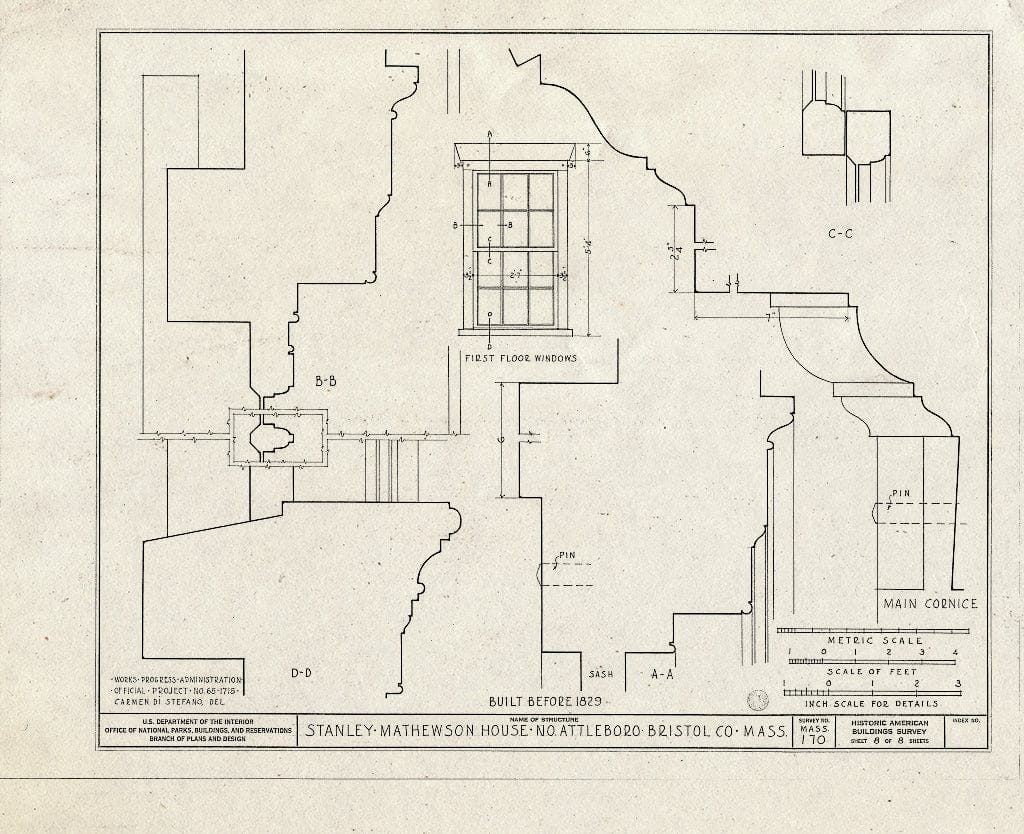 Blueprint HABS Mass,3-ATBON.V,1- (Sheet 8 of 8) - Stanley-Mathewson House, Old Post Road, North Attleboro, Bristol County, MA