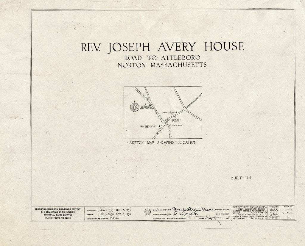 Blueprint HABS Mass,3-NORT,1- (Sheet 0 of 7) - Reverend Joseph Avery House, Main Street, Norton, Bristol County, MA