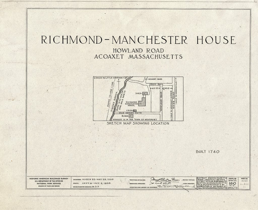 Blueprint HABS Mass,3-ACO,1- (Sheet 0 of 6) - Richmond-Manchester House, Howland Road, Acoaxet, Bristol County, MA