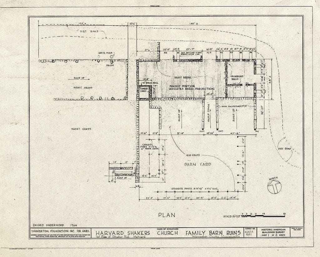 Blueprint HABS Mass,14-Harv,2- (Sheet 1 of 2) - Shaker Church Family Barn (Ruins), Shaker Road Vicinity, Harvard, Worcester County, MA