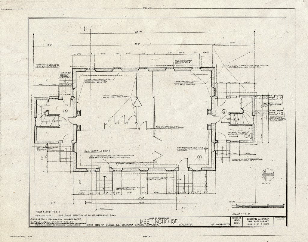 Blueprint HABS Mass,14-Harv,8- (Sheet 2 of 8) - Shaker Meetinghouse, Shaker Road, Harvard, Worcester County, MA