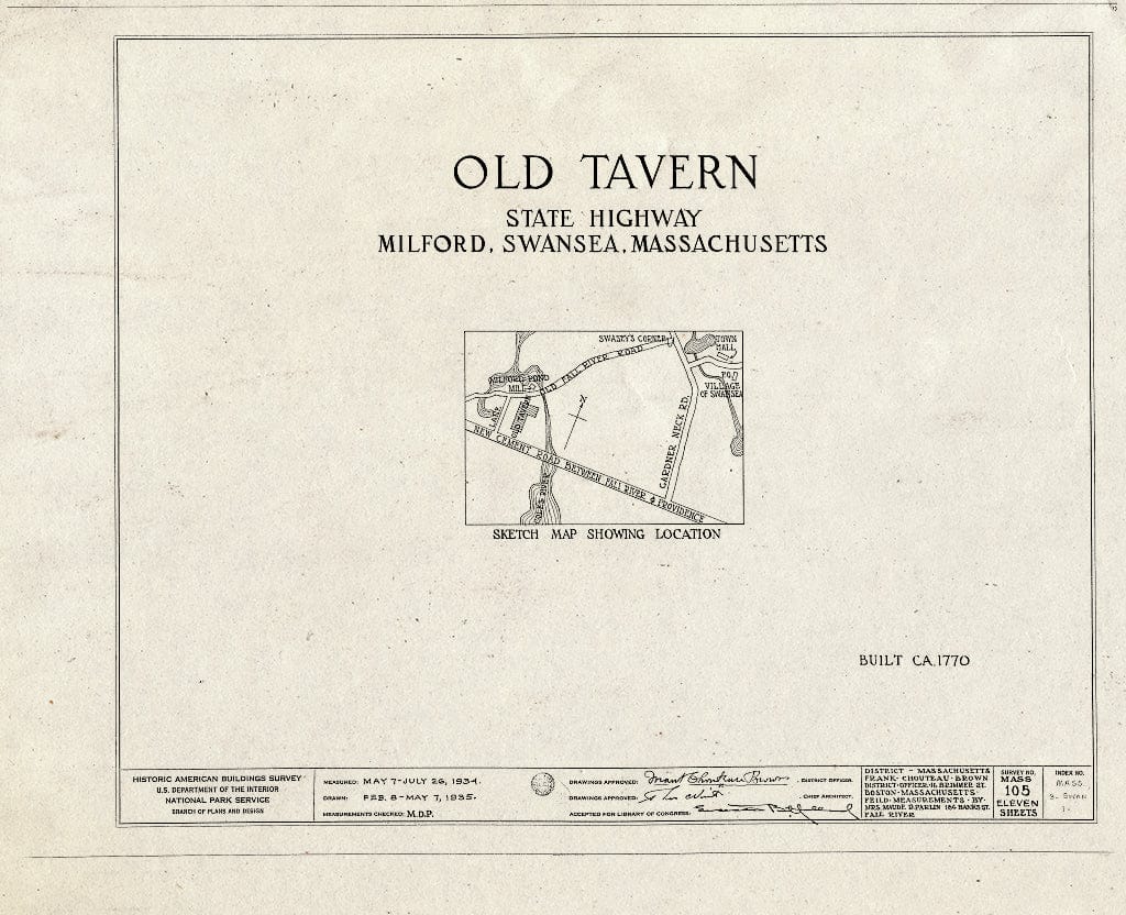 Blueprint HABS Mass,3-SWAN,1- (Sheet 0 of 11) - Old Tavern, U.S. Route 6 & Milford Road, Swansea, Bristol County, MA