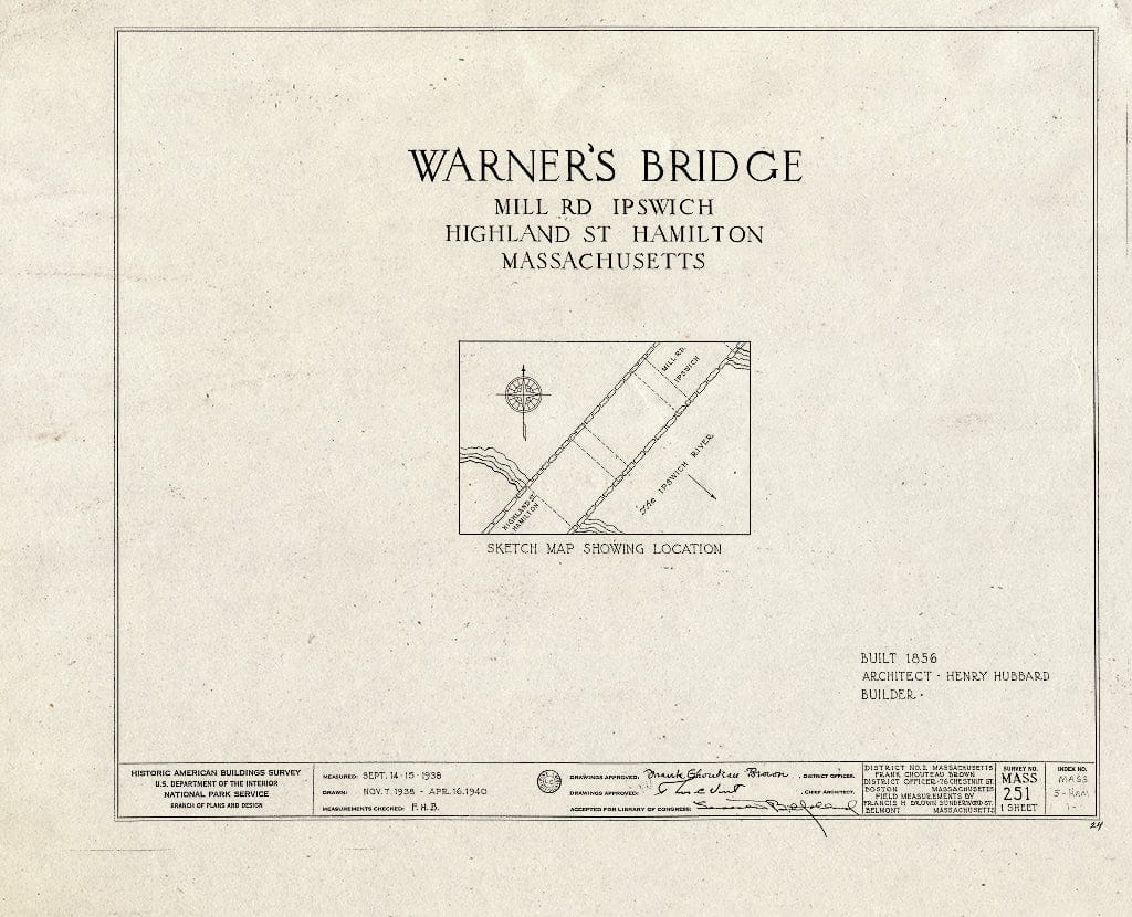 Blueprint HABS Mass,5-HAM,1- (Sheet 0 of 1) - Warner's Bridge, Mill Road, Spanning Ipswich River, Hamilton, Essex County, MA