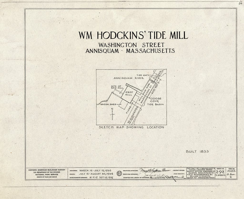 Blueprint HABS Mass,5-ANNI,2- (Sheet 0 of 3) - William Hodgkins Tide Mill, Washington Street, Annisquam, Essex County, MA