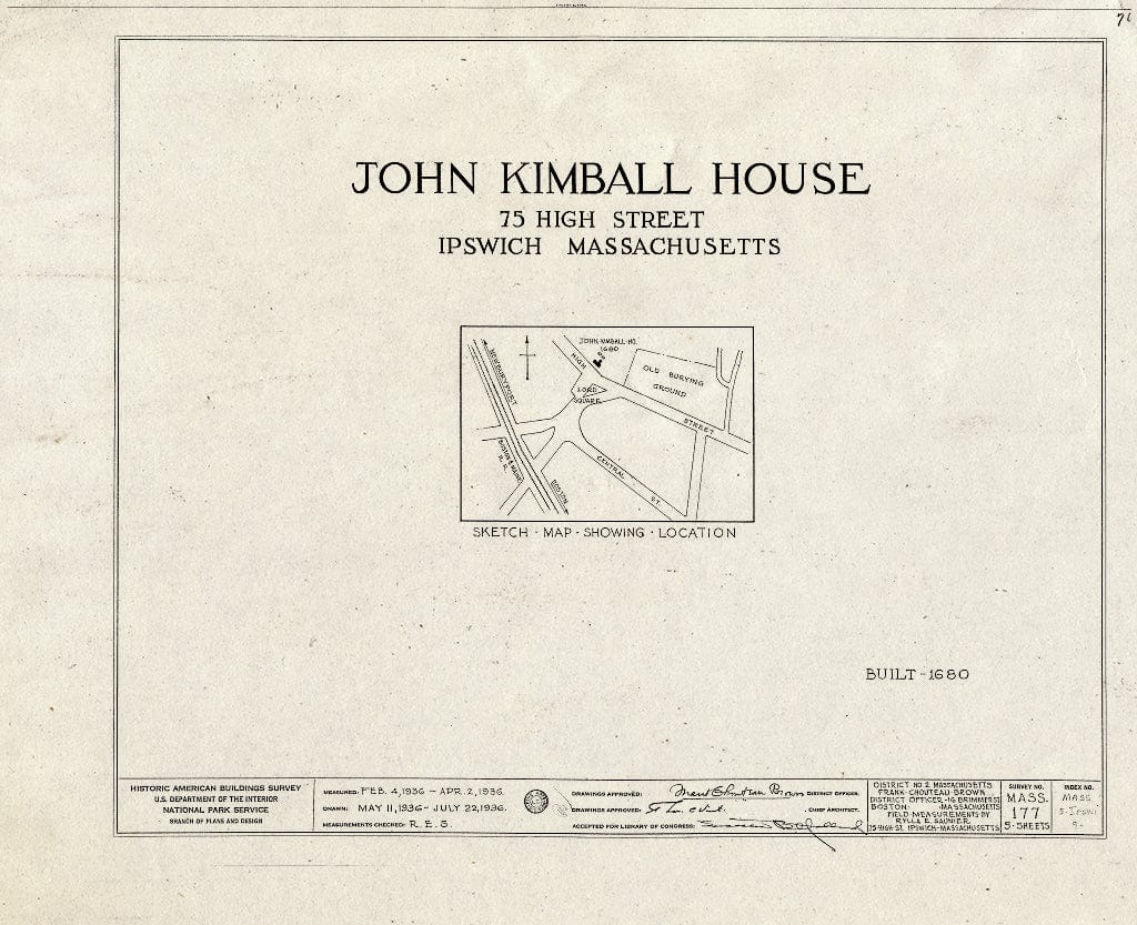 Blueprint HABS Mass,5-IPSWI,9- (Sheet 0 of 5) - John Kimball House, 75 High Street, Ipswich, Essex County, MA