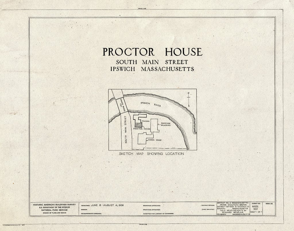 Blueprint HABS Mass,5-IPSWI,13- (Sheet 1 of 7) - Proctor House, Jeffrey's Neck Road (Moved from South Main Street, abutting Choate Bridge), Ipswich, Essex County, MA