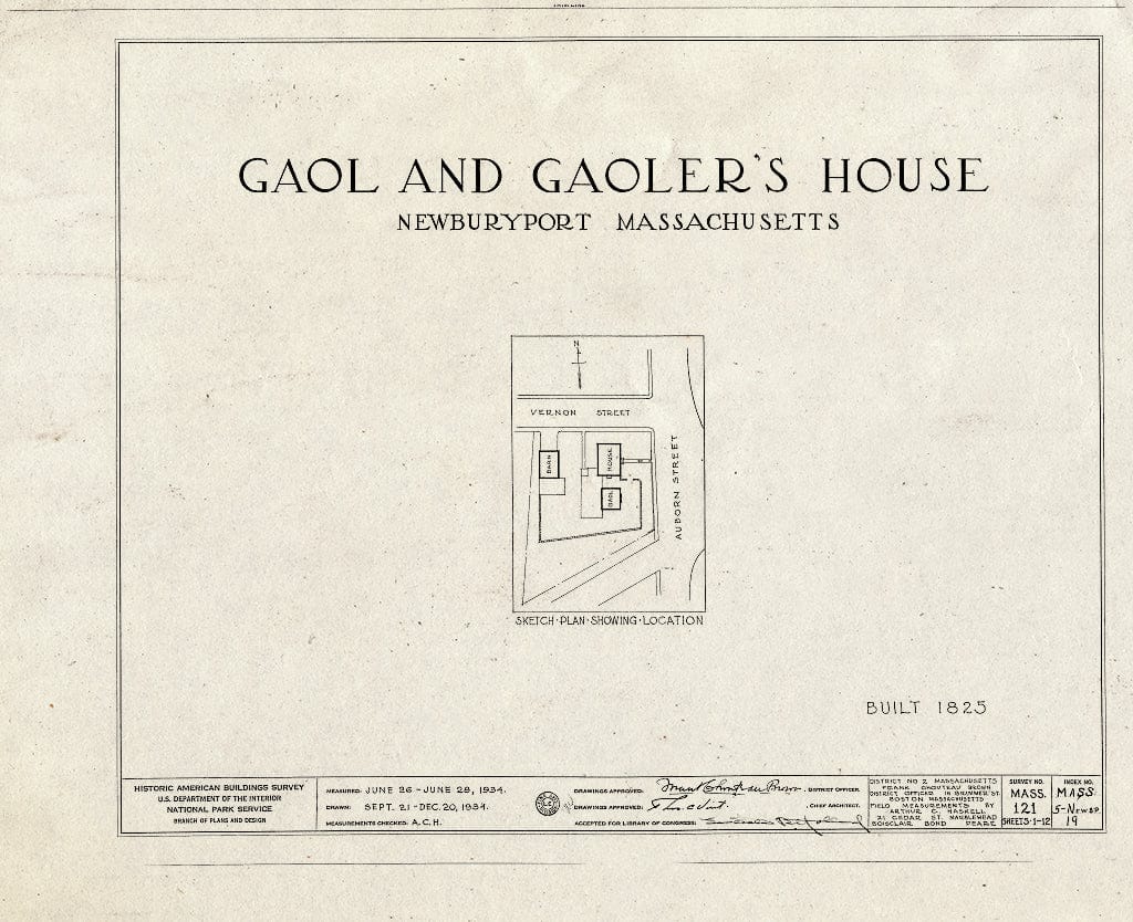 Blueprint HABS Mass,5-NEWBP,19- (Sheet 0 of 12) - Gaol, Gaoler's House & Barn, Auburn & Vernon Streets, Newburyport, Essex County, MA