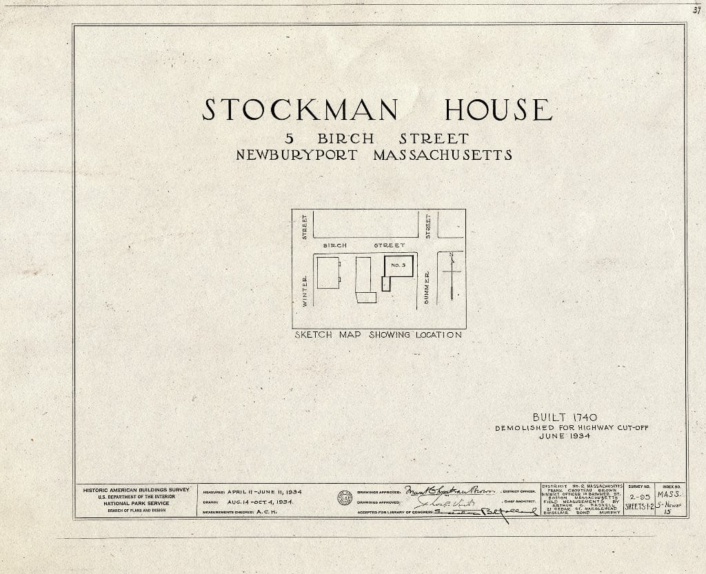 Blueprint HABS Mass,5-NEWBP,15- (Sheet 0 of 2) - Stockman House, 5 Birch Street, Newburyport, Essex County, MA