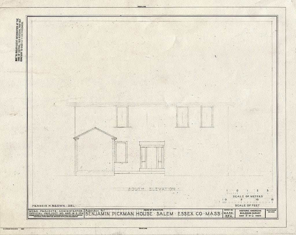 Blueprint South Elevation - Benjamin Pickman House, 165 Essex Street, Salem, Essex County, MA