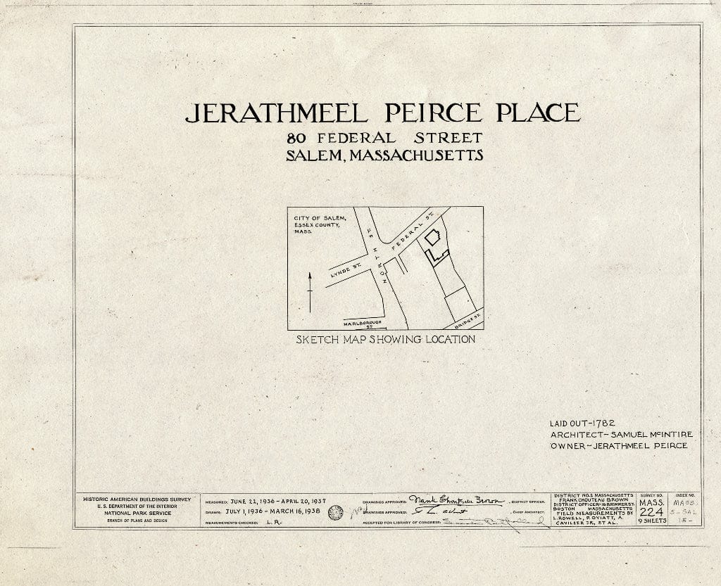 Blueprint HABS Mass,5-SAL,15- (Sheet 0 of 9) - Jerathmeel Peirce Place, 80 Federal Street, Salem, Essex County, MA