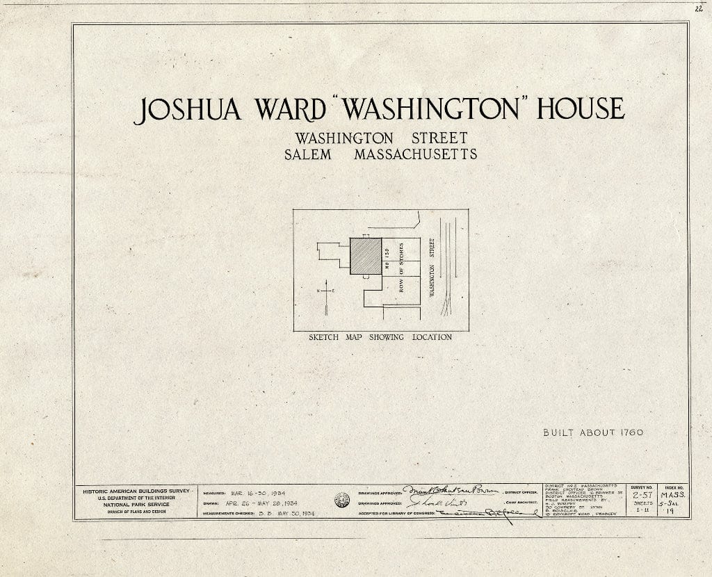 Blueprint HABS Mass,5-SAL,19- (Sheet 0 of 11) - Joshua Ward House, 148 Washington Street, Salem, Essex County, MA