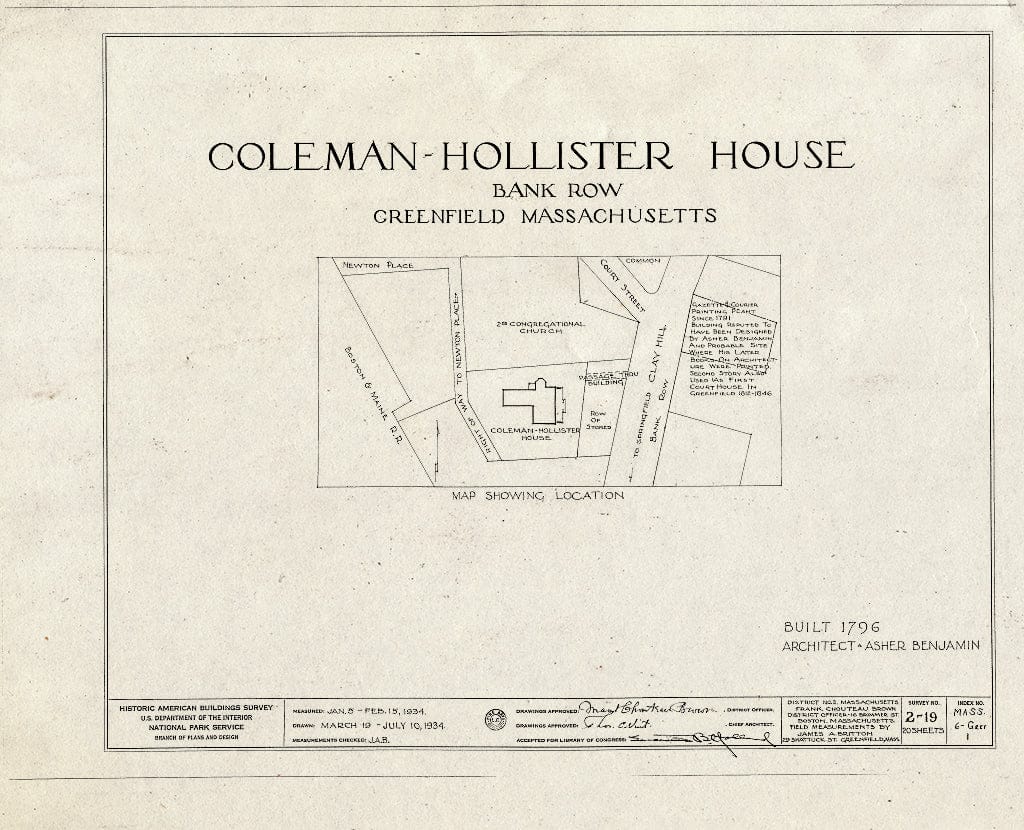 Blueprint HABS Mass,6-GREF,1- (Sheet 0 of 20) - Coleman-Hollister House, Bank Row, Greenfield, Franklin County, MA