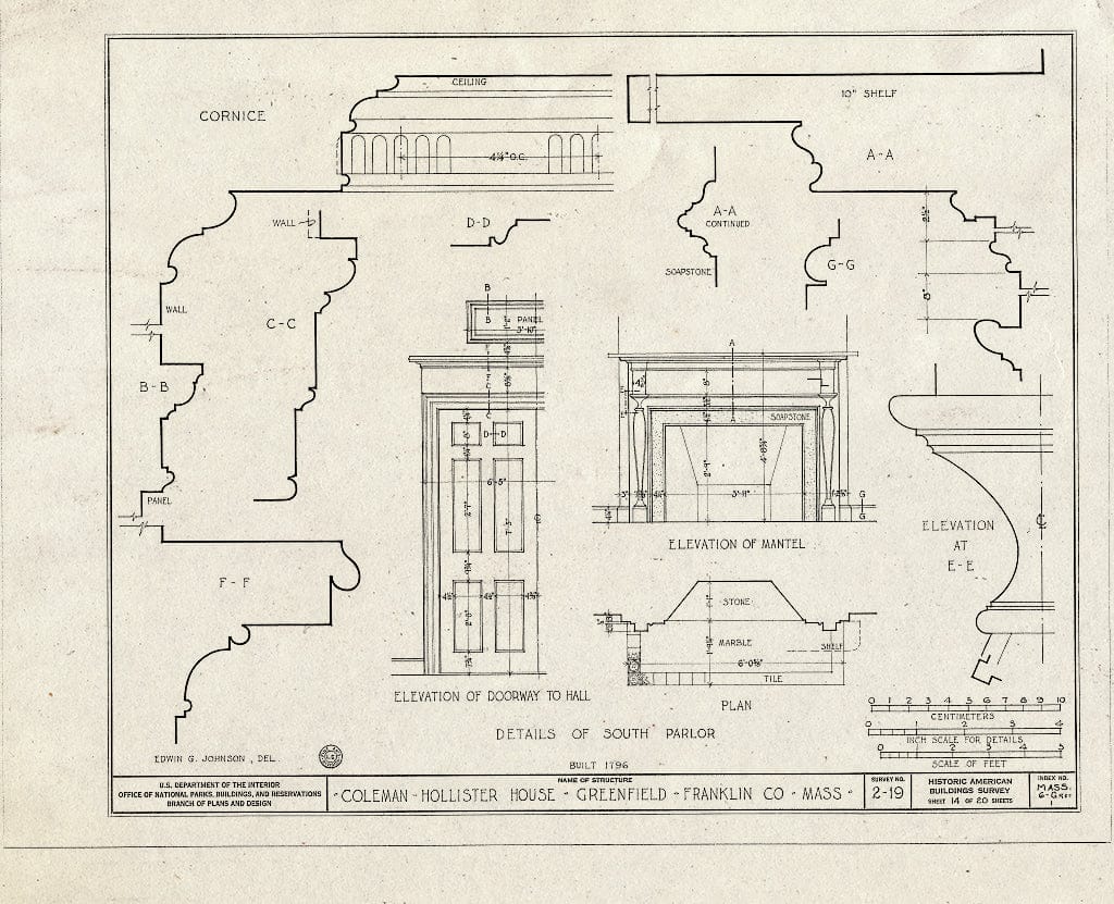 Blueprint HABS Mass,6-GREF,1- (Sheet 14 of 20) - Coleman-Hollister House, Bank Row, Greenfield, Franklin County, MA