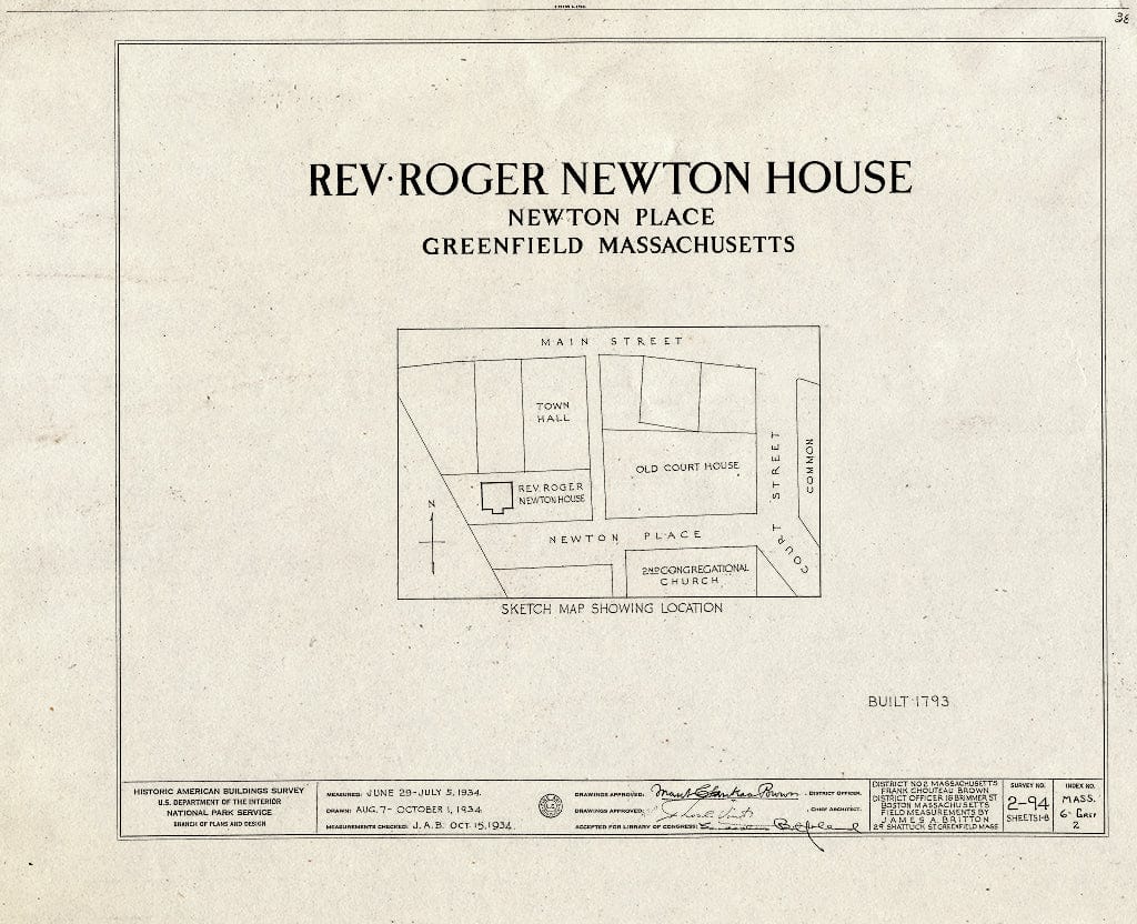 Blueprint HABS Mass,6-GREF,2- (Sheet 0 of 8) - Reverend Roger Newton House, Newton Place (Moved from Original Location), Greenfield, Franklin County, MA