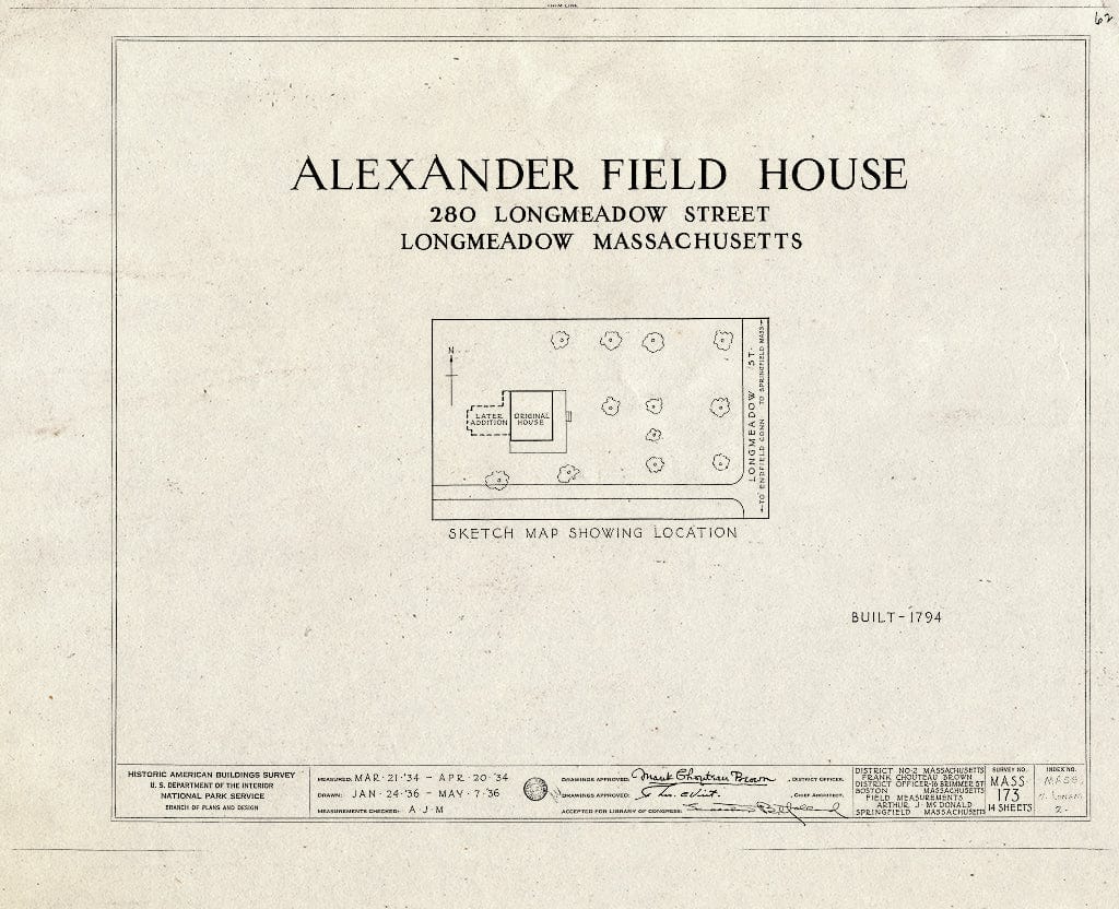 Blueprint HABS Mass,7-LONGM,2- (Sheet 0 of 14) - Colonel Alexander Field House, 280 Longmeadow Street, Longmeadow, Hampden County, MA